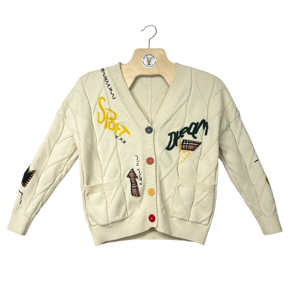 Womens Cream Cable Knit Embroidered Dream Sport Cardigan Sweater M - Picture 1 of 5